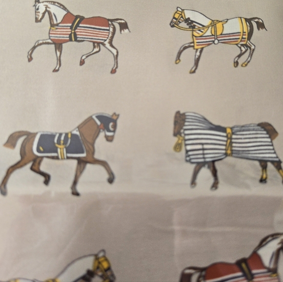 NWOT 100% Mulberry Silk Scarf Horses With Bkankets Taupe, Brown 21" Sq. - Picture 2 of 5